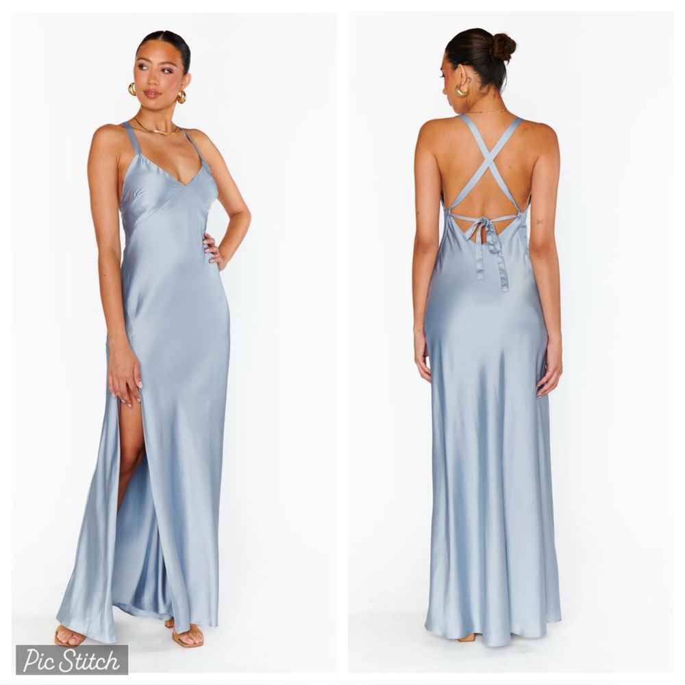 Show Me Your MuMu Satin Slip Gown in Dusty Blue